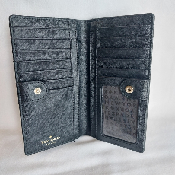 Kate Spade Bifold Rhinestone Bow Black Leather Wallet Snap Button Zip - Picture 9 of 13